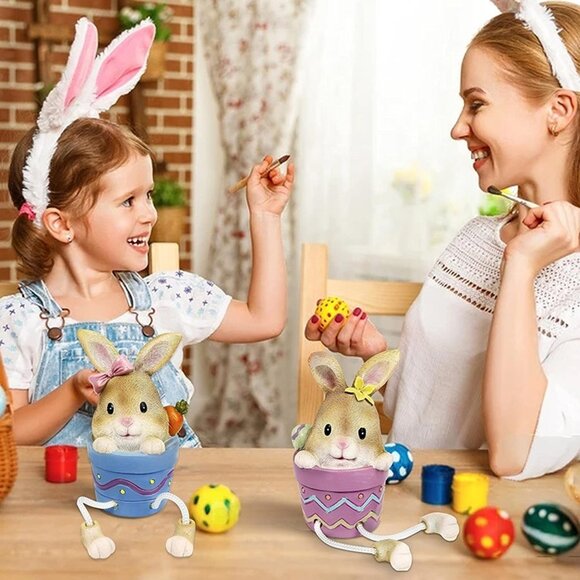 NEW Set of 2 Resin Pot Bunny Shelf Sitters with Dangling Legs - Picture 4 of 8